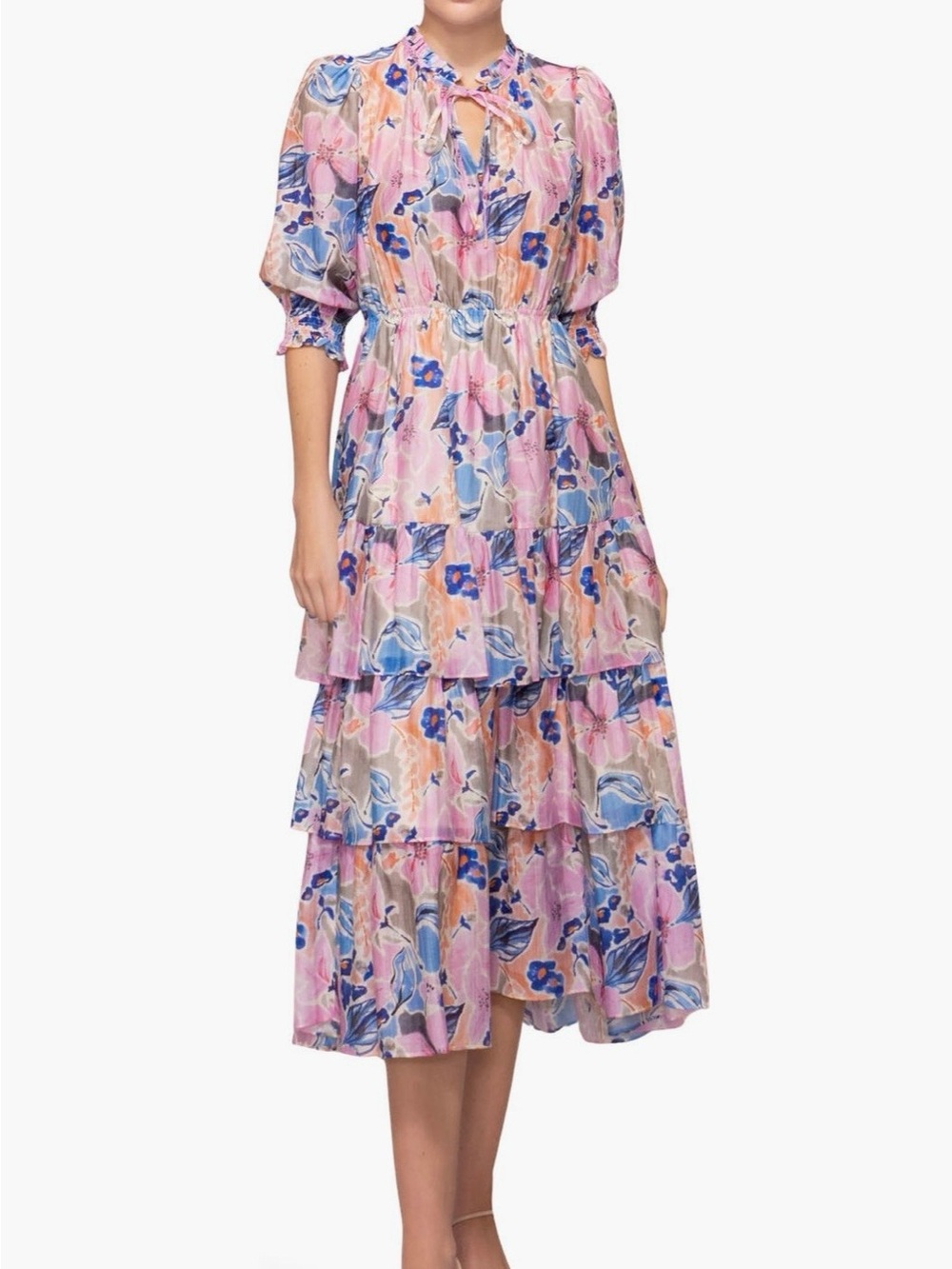 MELLODAY Pink and Blue Floral Tiered Midi Dress